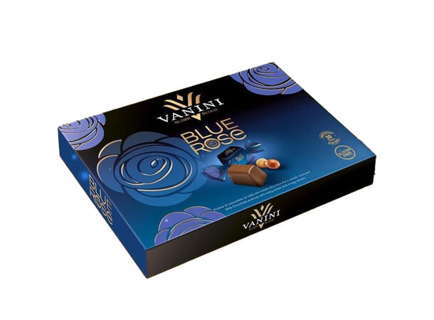 Konfekt gaveeske Blue Rose Melkesjokolade med hasselnøttkrem 
