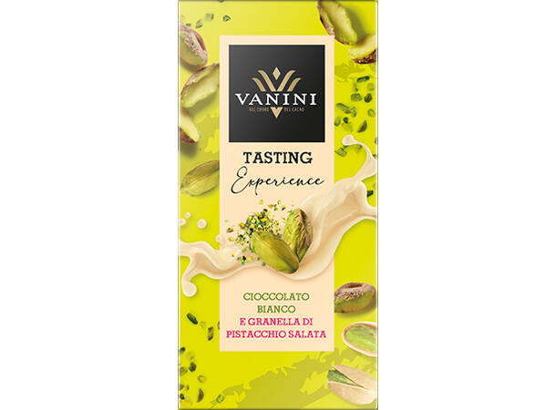 Vanini salt pistasj Hvit sjokolade med saltede pistasjbiter 